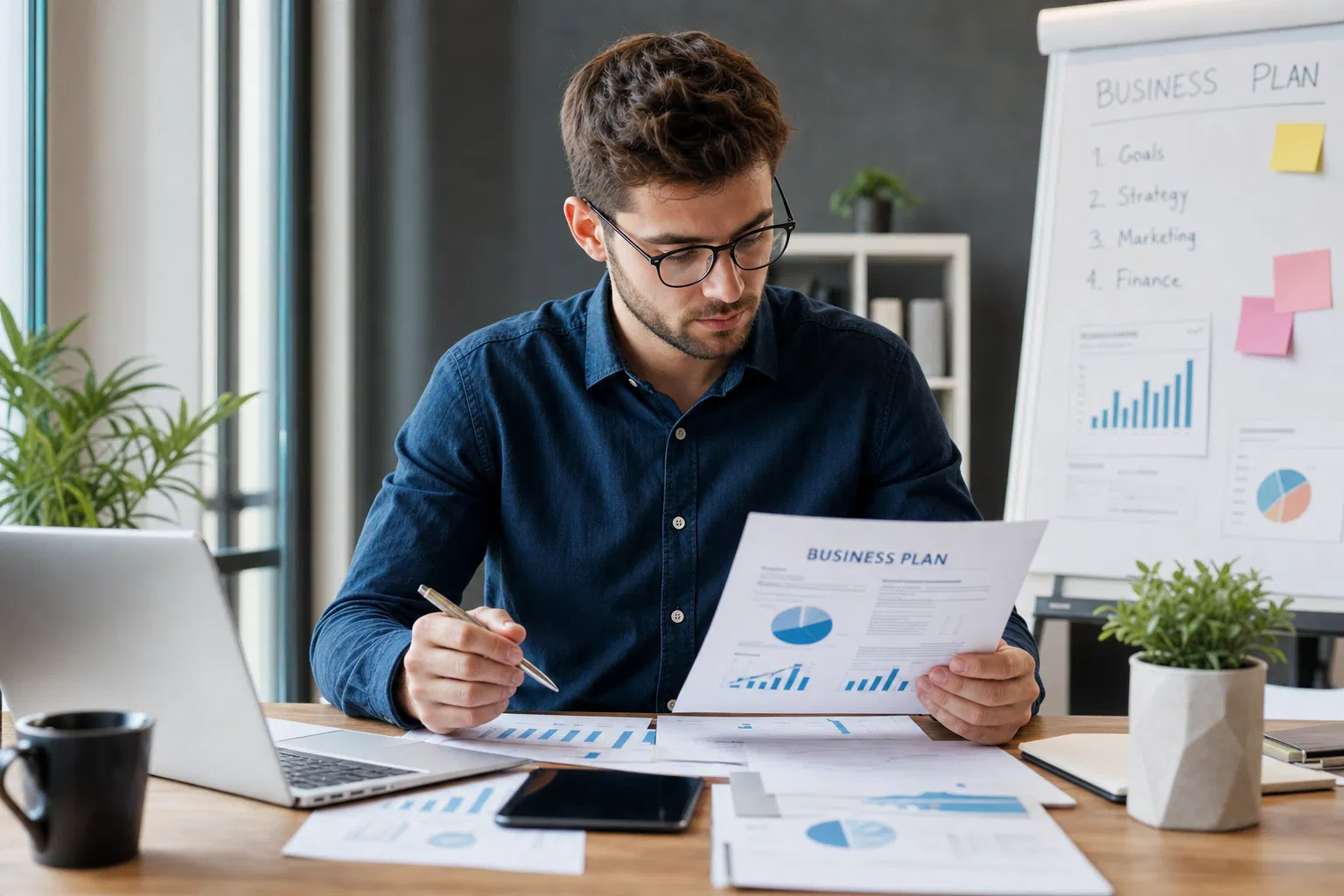 Mann mit Brille im dunkelblauen Hemd liest am Schreibtisch einen Ausdruck mit der Überschrift Business Plan, im Hintergrund ein Flipchart
