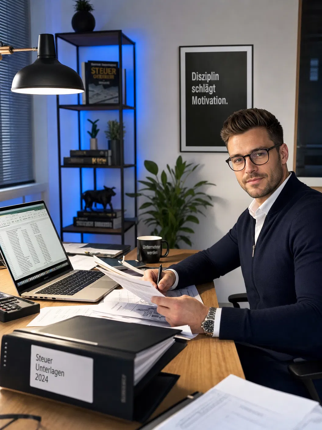 Selbstständiger am Schreibtisch mit Laptop, Belegen und einem Ordner mit der Aufschrift Steuer Unterlagen