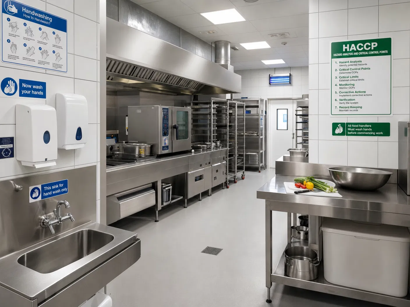 Gewerbeküche aus Edelstahl mit Handwaschbecken, Seifenspendern und einem HACCP-Aushang an der Wand