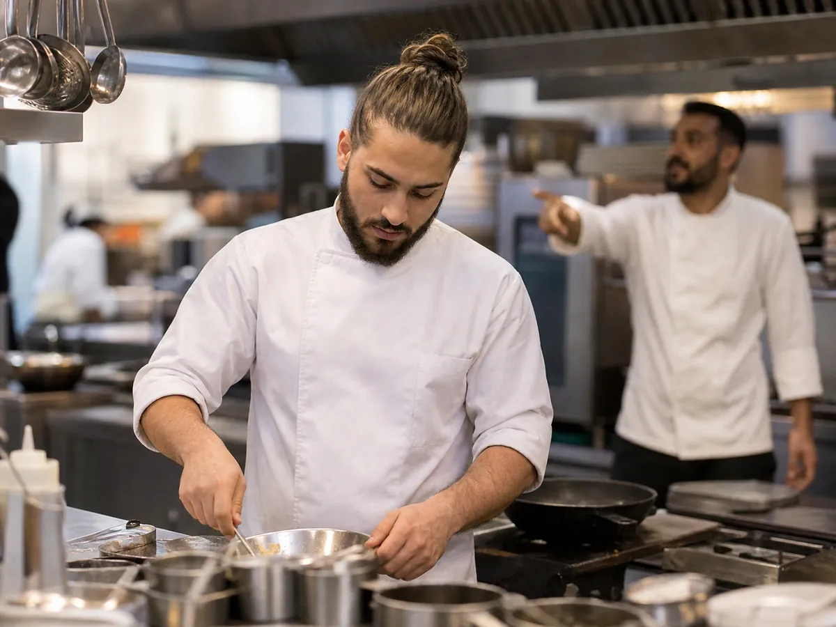 Koch arbeitet als Mietkoch nach Weisung in der Großküche eines Hotelrestaurants