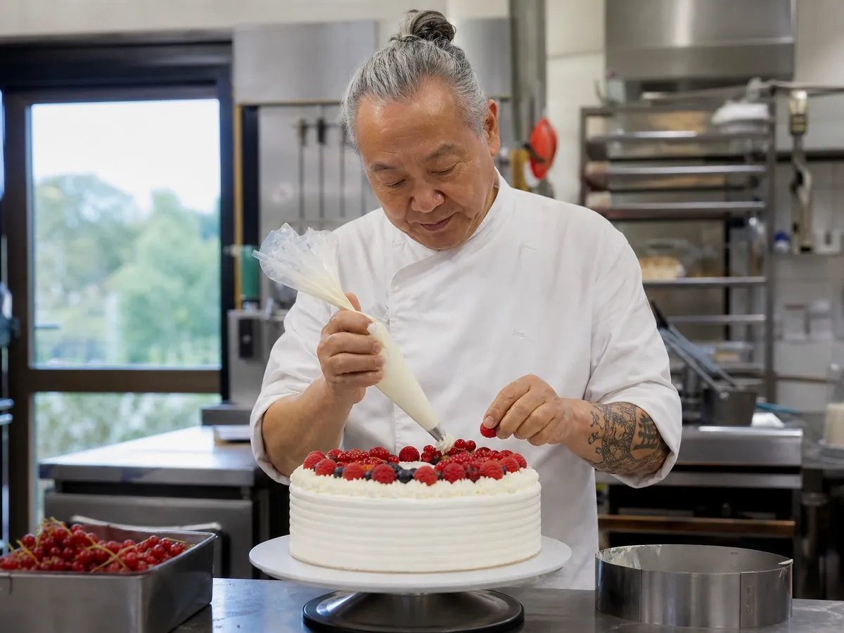 Konditormeister garniert in seiner Backstube eine selbst hergestellte Sahnetorte