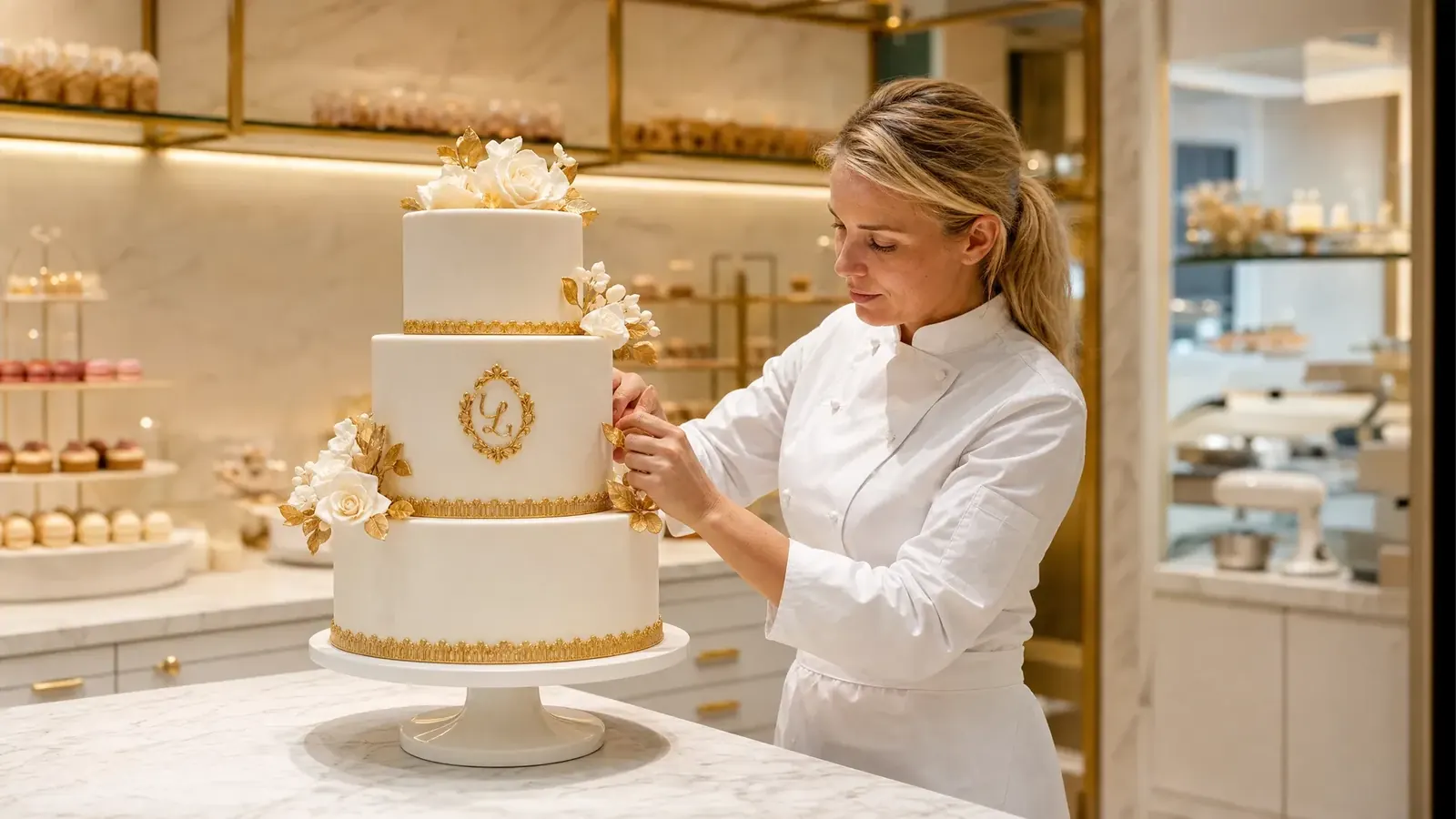 Konditorin verziert eine dreistöckige weiße Hochzeitstorte mit goldenen Details in einer hellen Konditorei