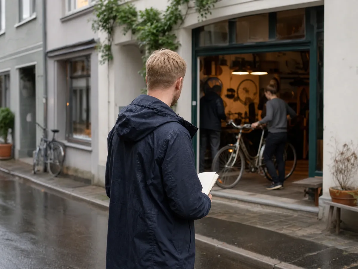Gründer beobachtet eine konkurrierende Fahrradwerkstatt in der Kleinstadt