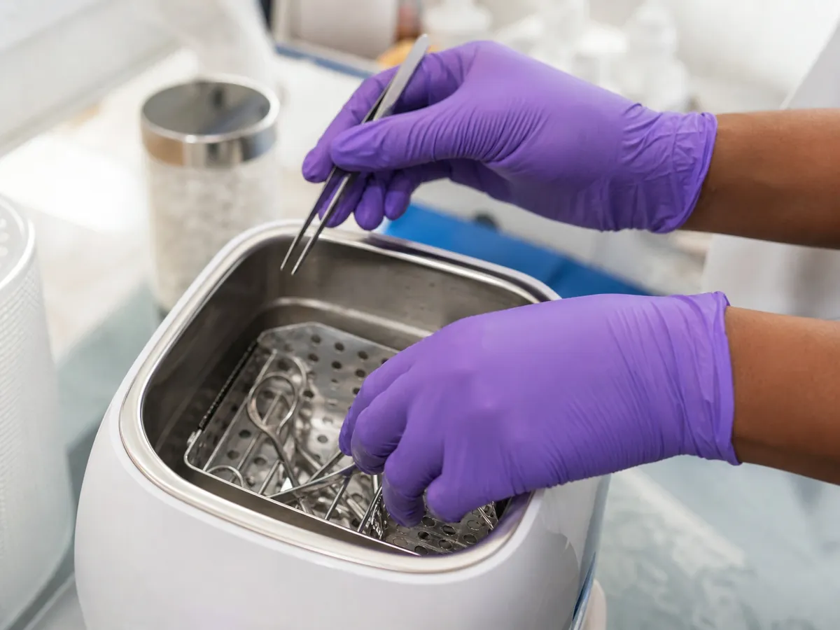 Instrumente werden im Kosmetikstudio im Ultraschallgerät gereinigt, wie der Hygieneplan es vorsieht