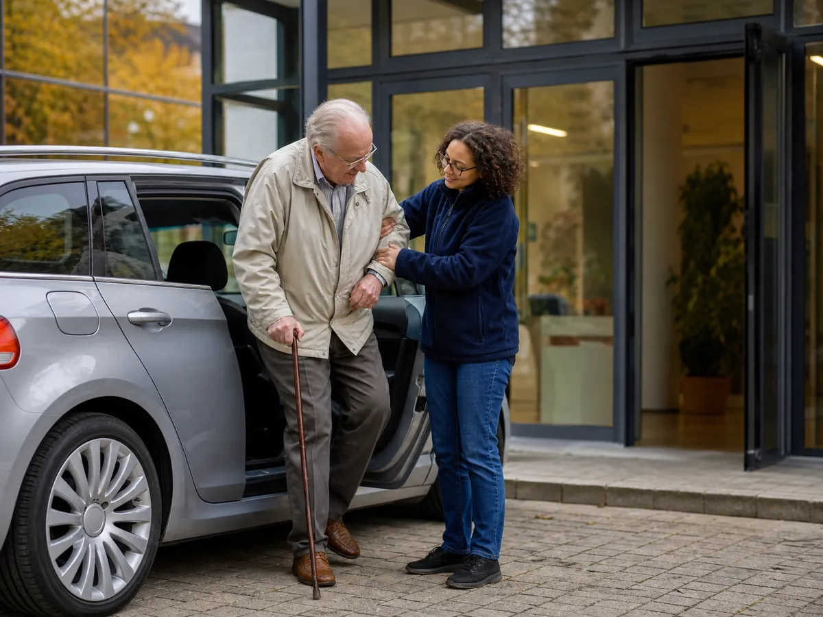 Fahrerin eines Krankenfahrdienstes hilft einem älteren Fahrgast beim Aussteigen