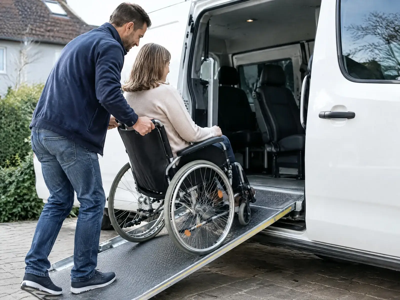 Krankenfahrdienst gründen: Fahrer schiebt eine Patientin im Rollstuhl über die Rampe in den Kleinbus