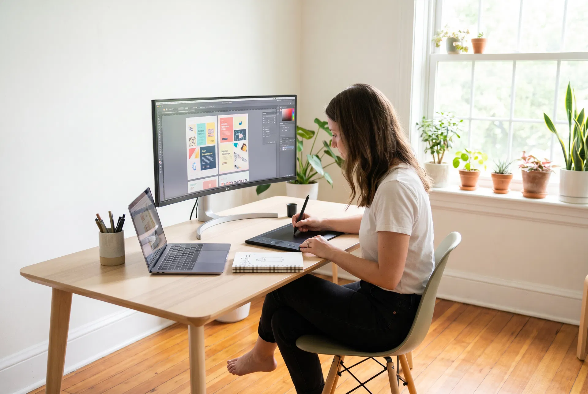 Designerin arbeitet an einem hellen Schreibtisch mit Grafiktablett, auf dem großen Monitor sind farbige Entwürfe zu sehen