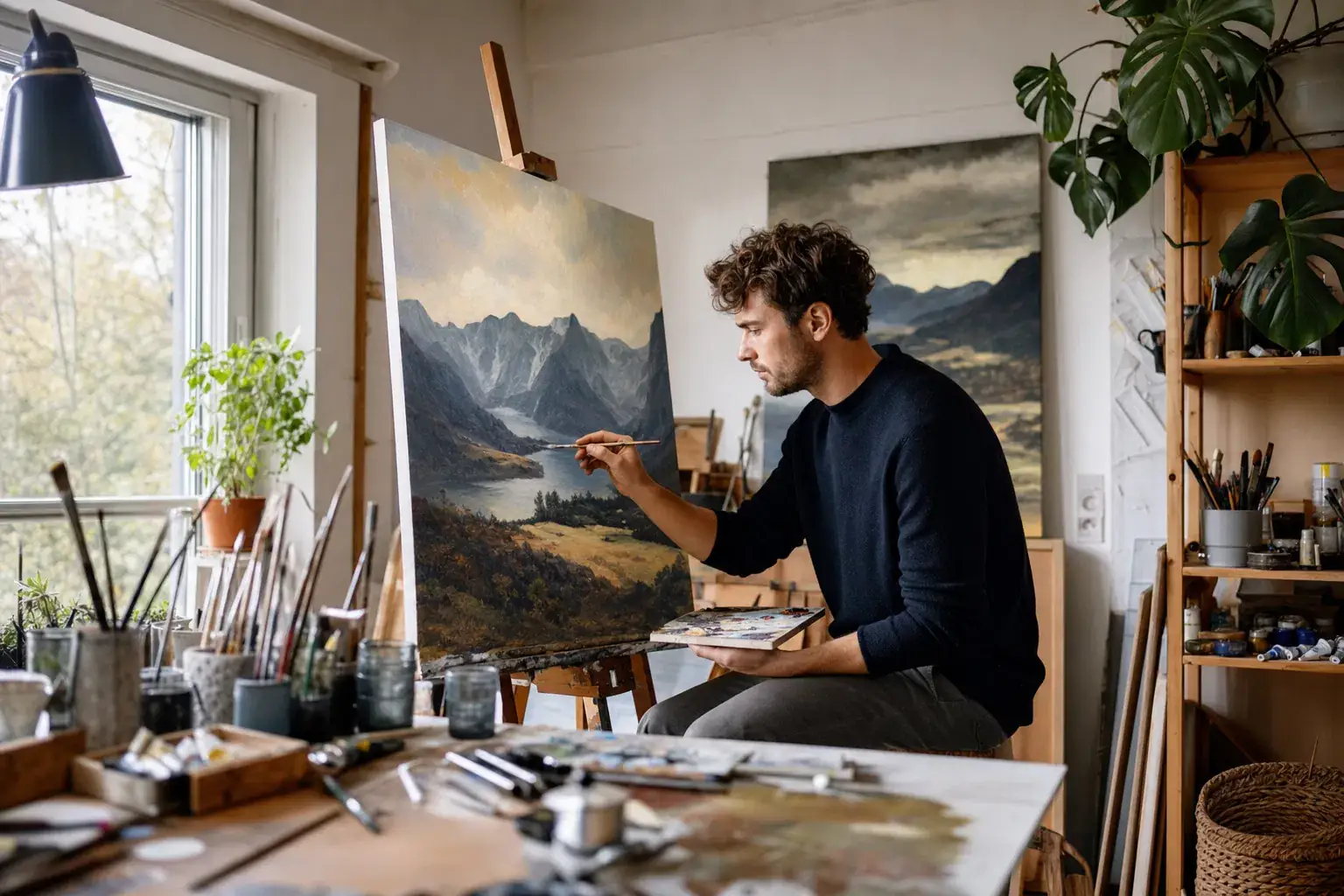 Maler im Atelier arbeitet an einem großen Landschaftsbild auf der Staffelei
