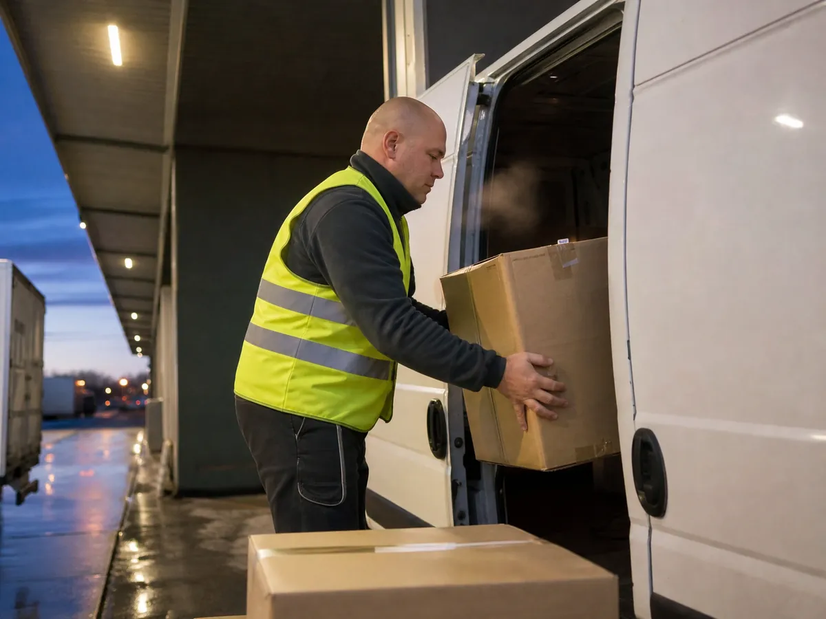 Kurierfahrer belädt am frühen Morgen seinen Transporter unter 3,5 Tonnen