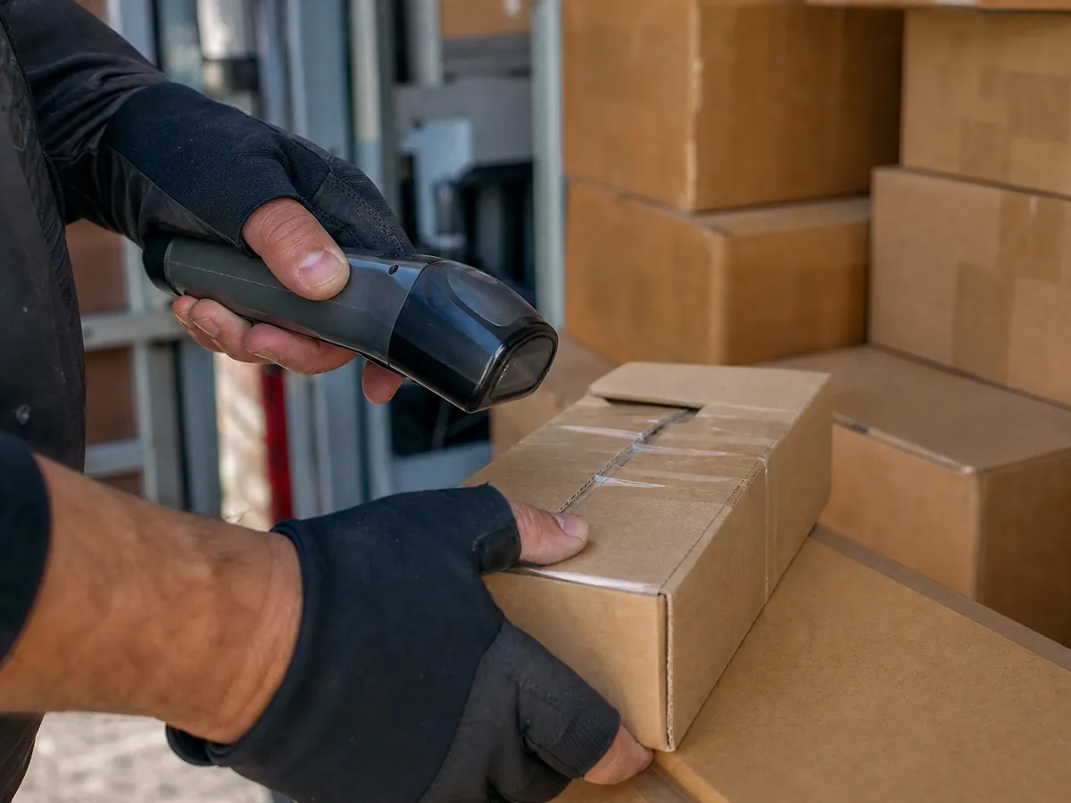 Fahrer scannt im Laderaum ein Paket, typische Arbeit für Subunternehmer im Kurierdienst