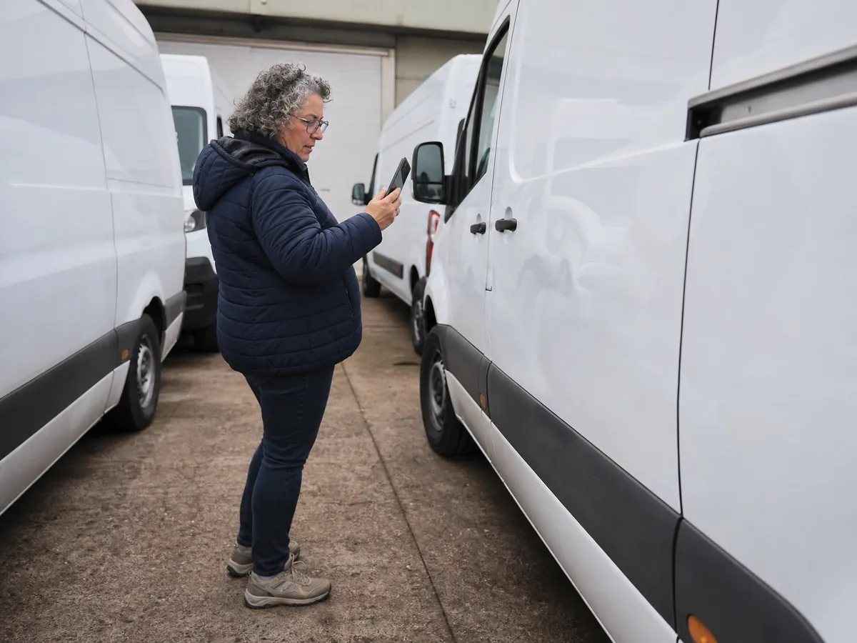Kurierunternehmerin dokumentiert einen Schaden am Transporter für die Versicherung
