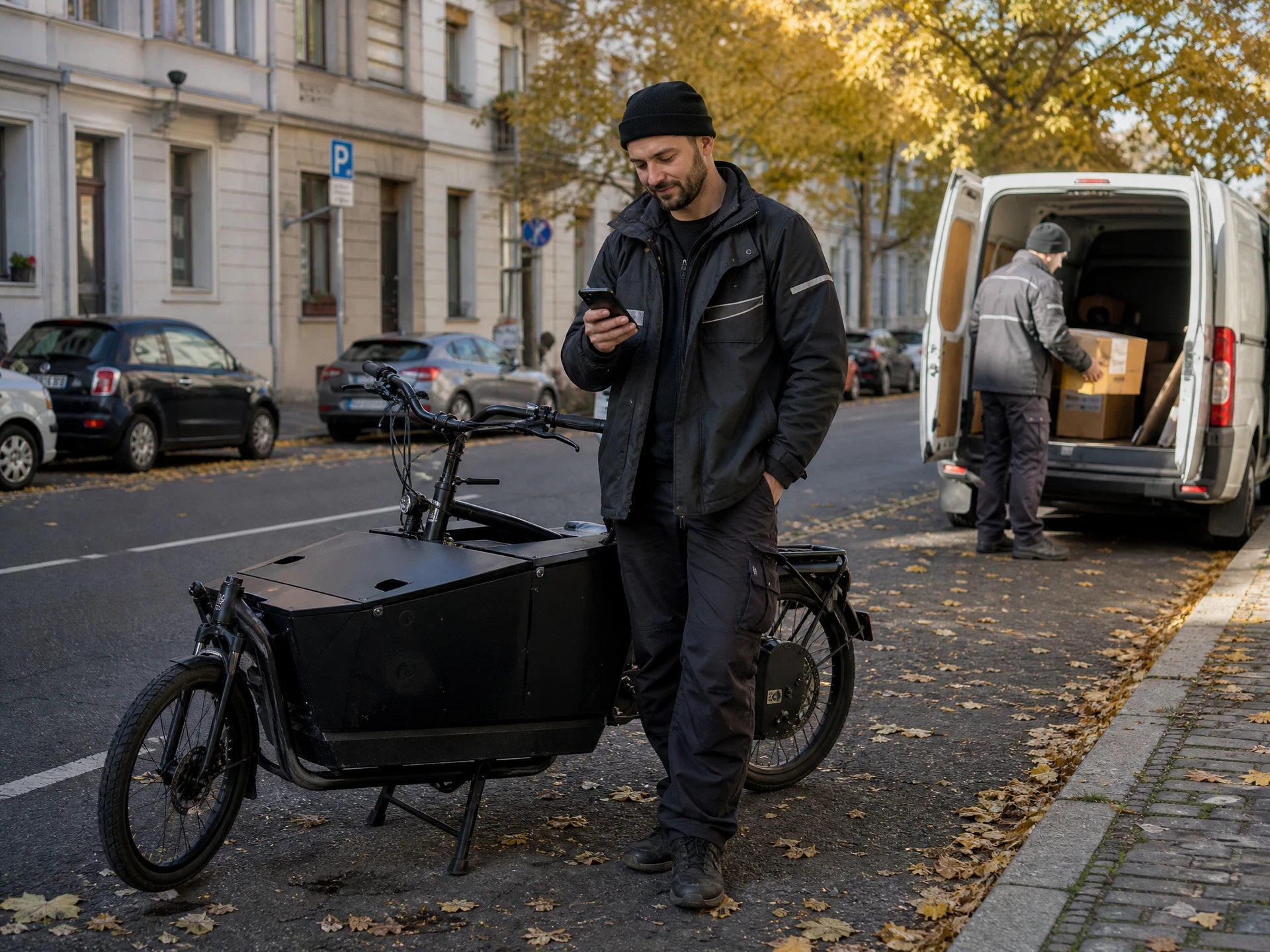 Zusteller mit Smartphone neben einem Lastenrad am Straßenrand, im Hintergrund belädt ein Kollege einen Transporter