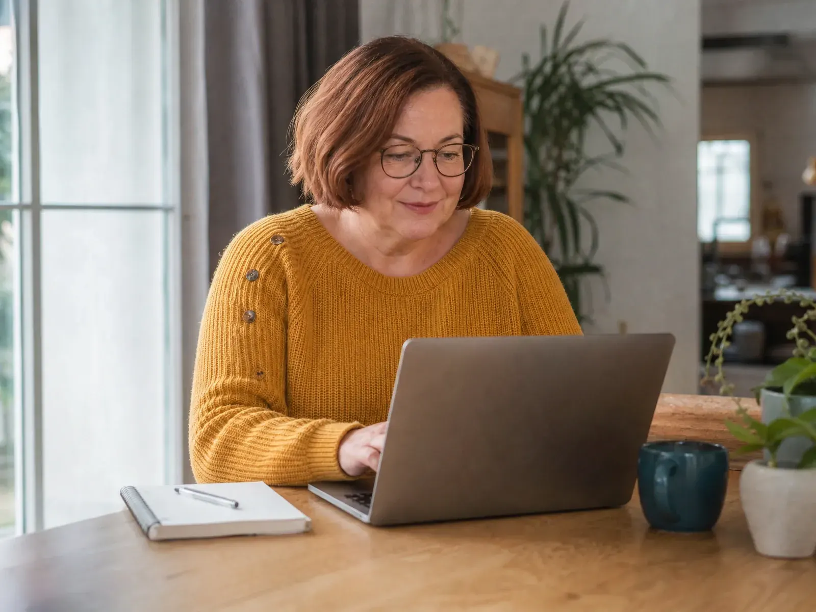 KURSNET der Agentur für Arbeit: Frau recherchiert zu Hause am Laptop Weiterbildungen