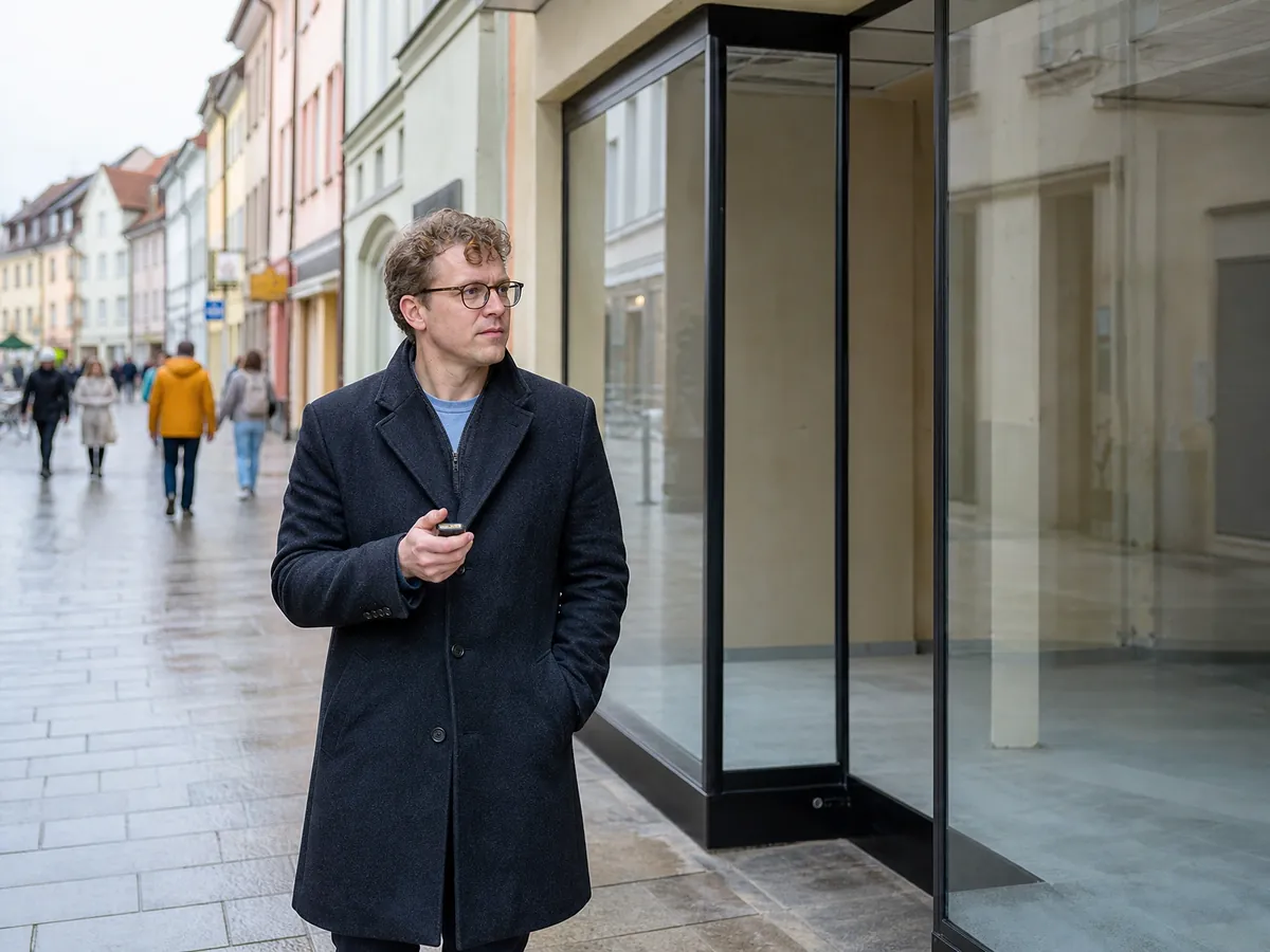 Gründer zählt Passanten vor einem leeren Ladenlokal, um den Standort zu prüfen