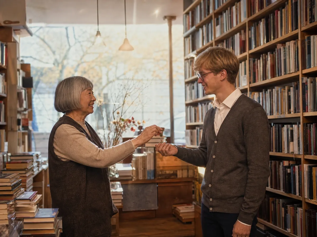 Inhaberin übergibt dem Nachfolger nach der Ladenübernahme den Schlüssel ihres Buchladens