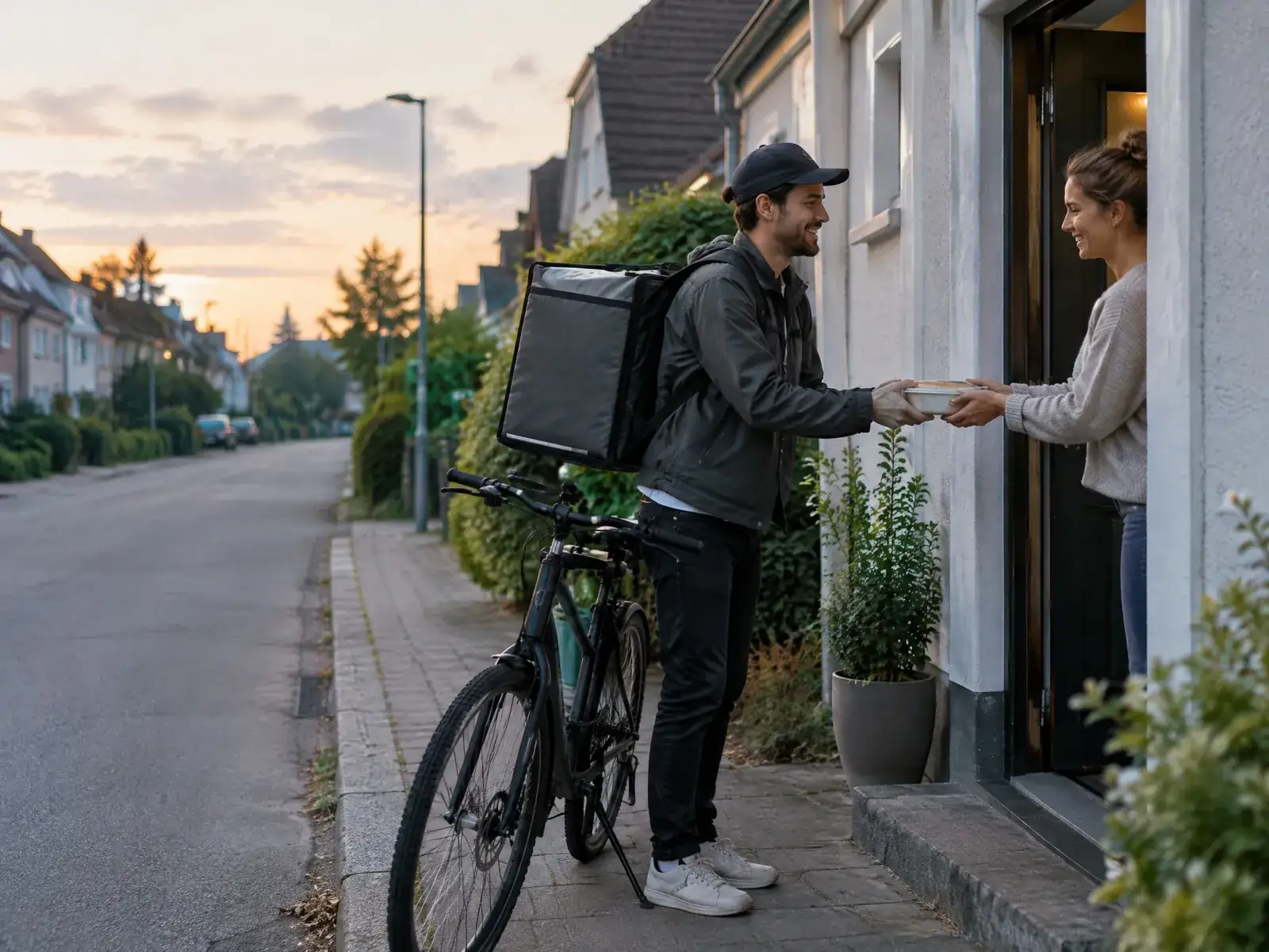 Fahrradkurier mit Isolierrucksack übergibt einer Kundin an der Haustür ein Essen