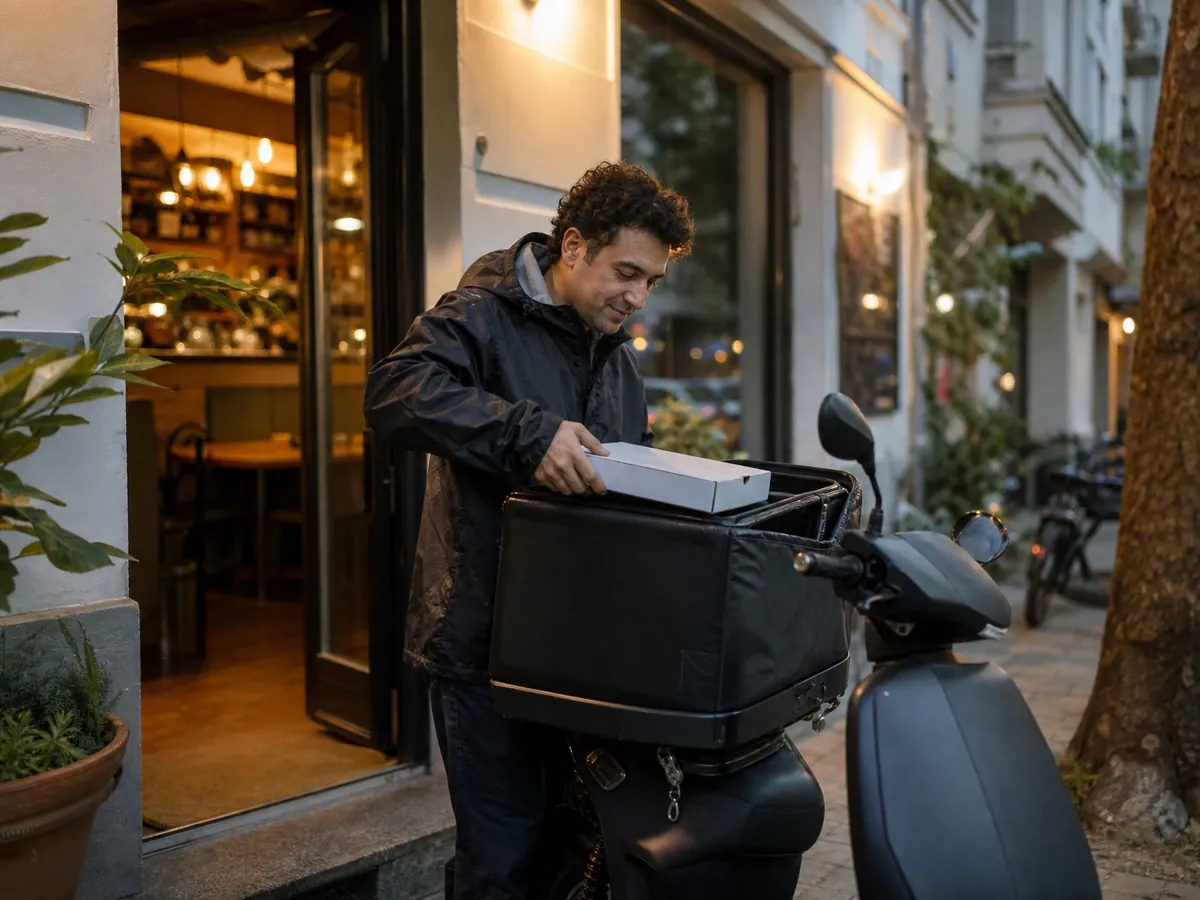 Lieferfahrer verstaut eine Pizza in der Thermobox seines Rollers für den sicheren Transport