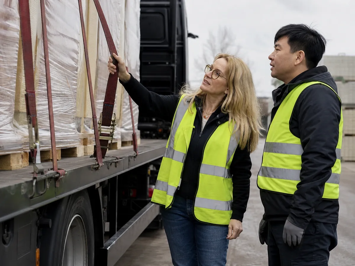 Speditionsunternehmerin prüft die Ladungssicherung eines Lkw über 3,5 Tonnen