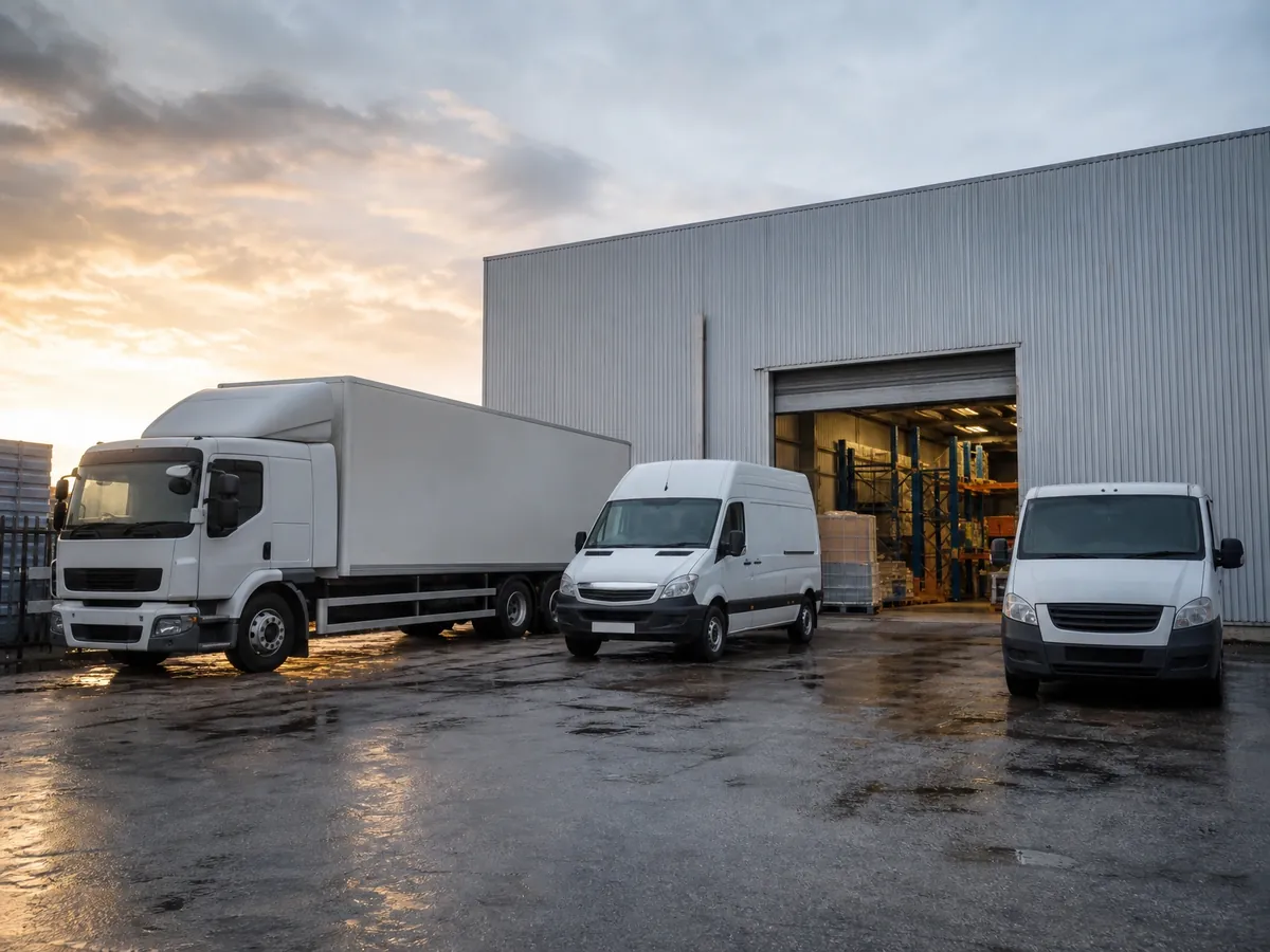 Betriebshof einer jungen Logistikfirma mit Transportern und Lkw vor der Lagerhalle