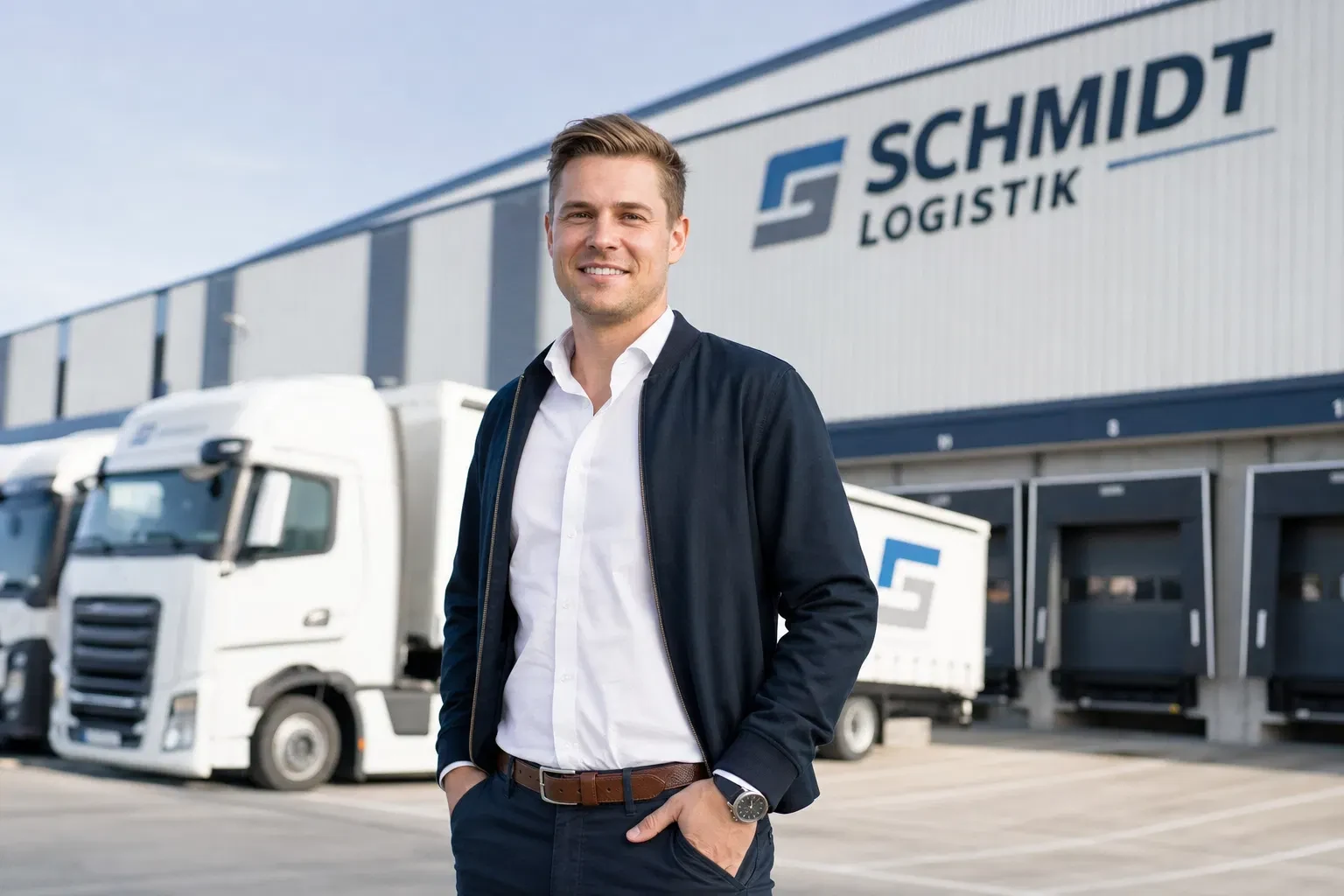 Lächelnder Unternehmer steht vor einer Logistikhalle mit Laderampen und weißen Lkw