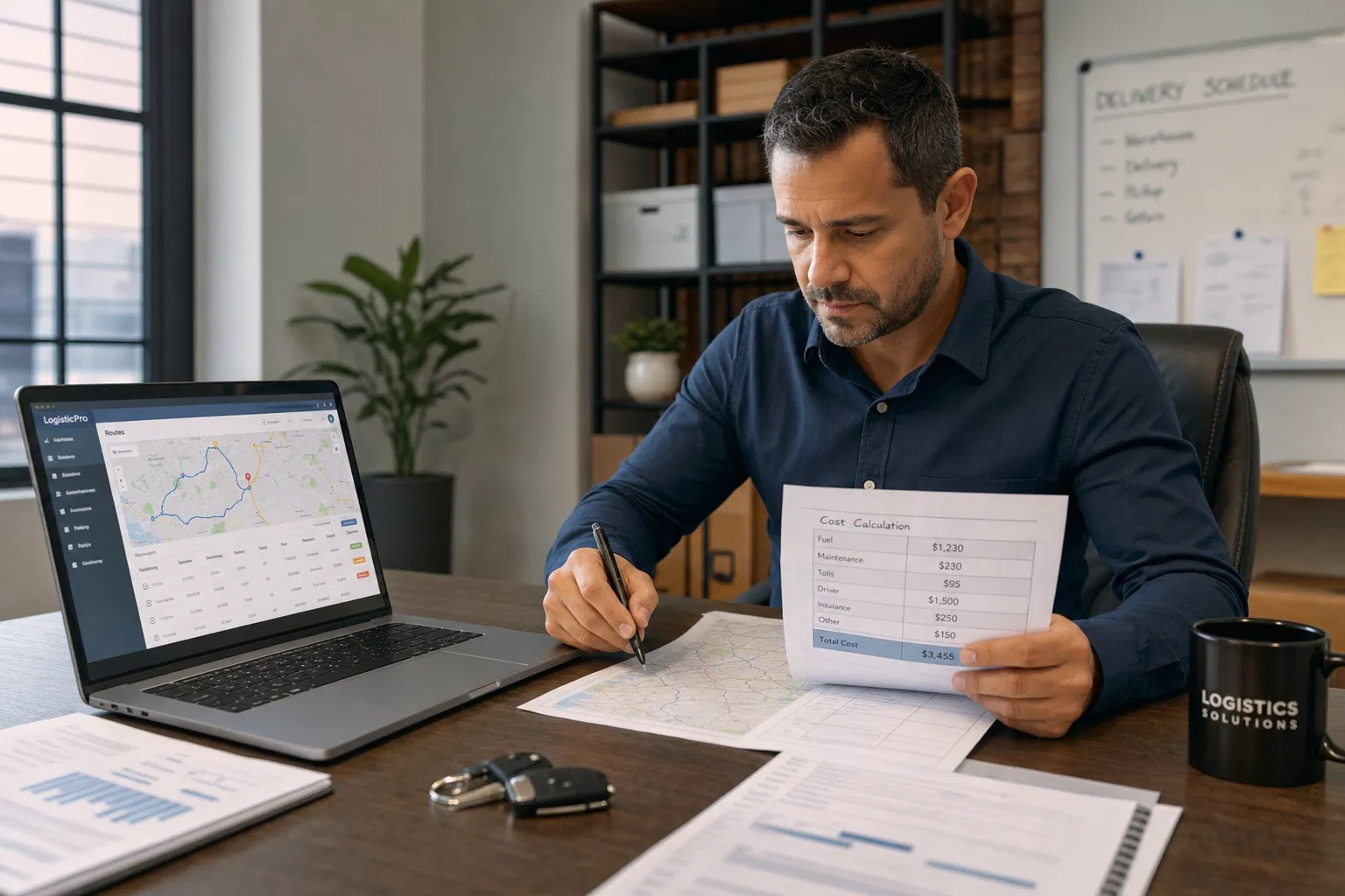 Mann sitzt am Schreibtisch, rechnet mit Unterlagen und Laptop, daneben liegen Autoschlüssel