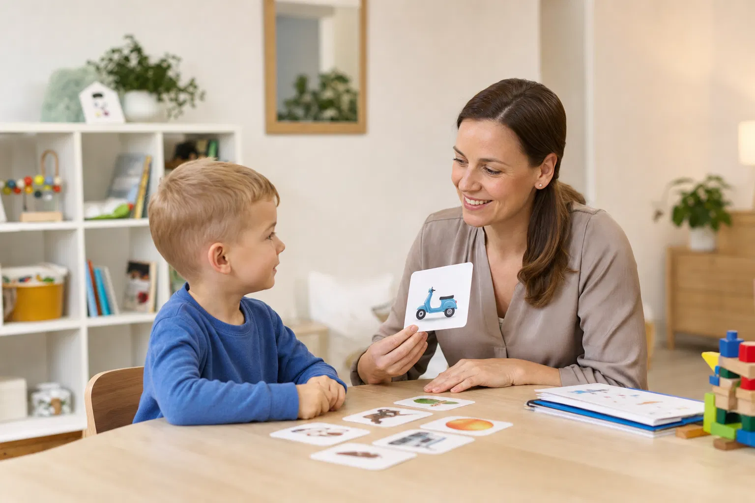 Logopädin zeigt einem Jungen am Therapietisch eine Bildkarte mit einem Roller