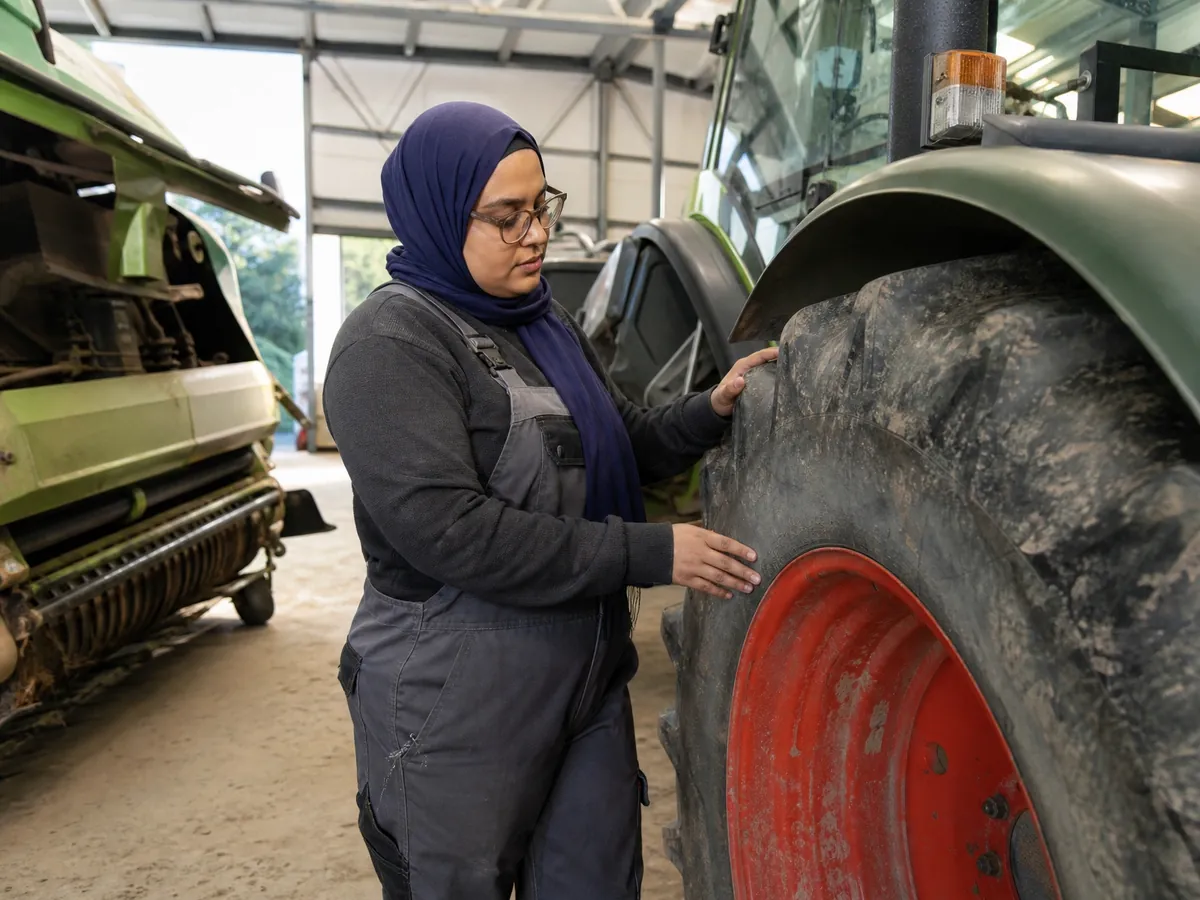 Junge Lohnunternehmerin begutachtet einen gebrauchten Traktor für ihren Maschinenpark