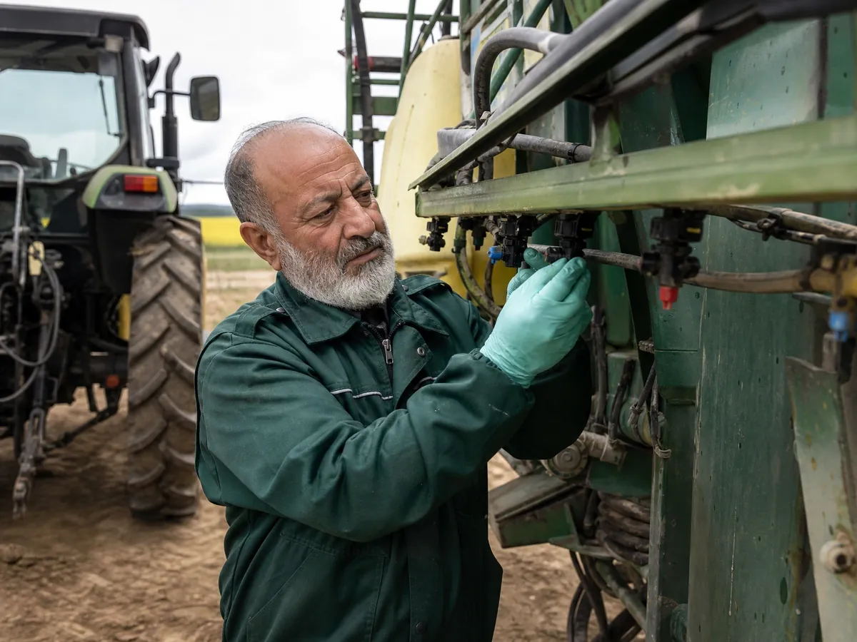 Lohnunternehmer prüft die Düsen der Pflanzenschutzspritze vor dem Einsatz beim Landwirt