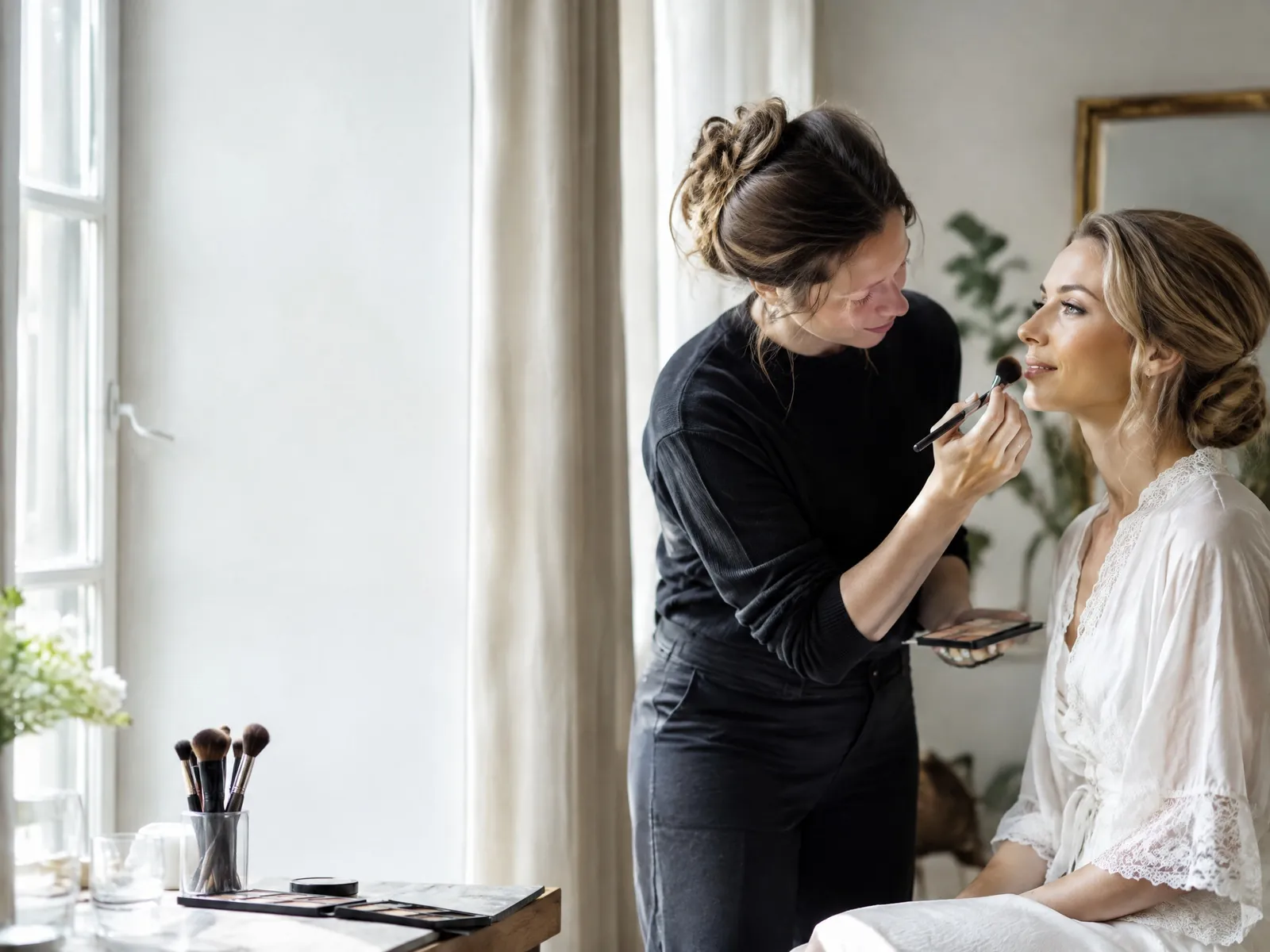 Make-up-Artistin schminkt eine Braut am Fenster mit einem Pinsel