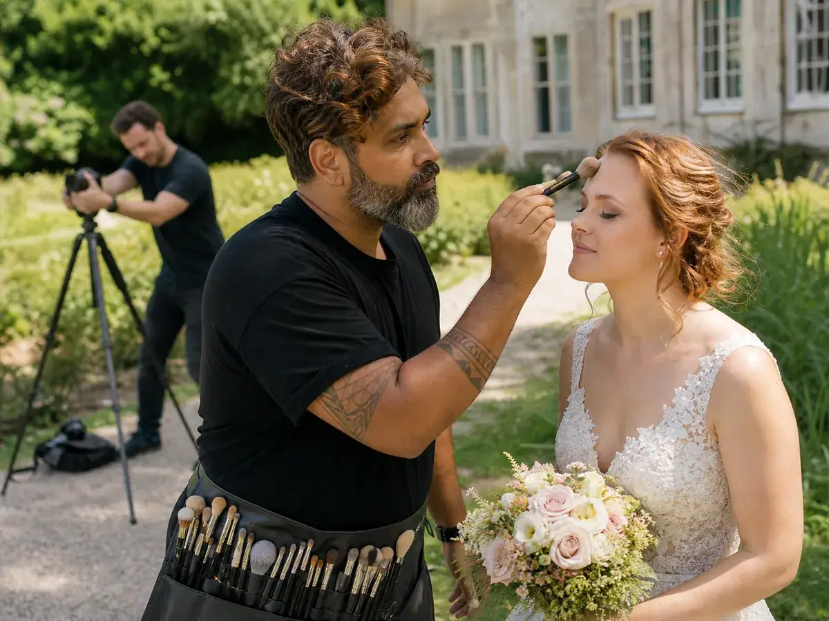 Selbstständiger Make-up-Artist pudert eine Braut beim gemeinsamen Hochzeitsshooting im Schlossgarten nach