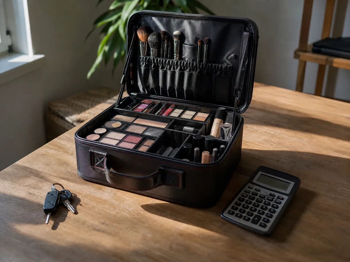 Geöffneter Make-up-Koffer mit Pinseln, Taschenrechner und Autoschlüssel als Grundlage der Preiskalkulation