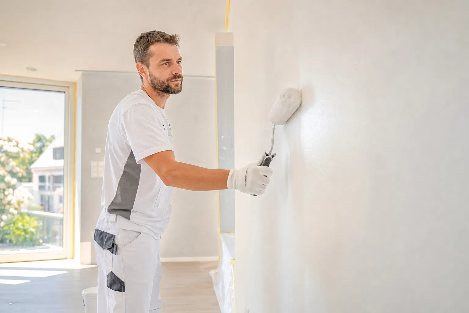 Maler in weißer Arbeitskleidung streicht mit einer Farbrolle eine helle Wand in einem lichtdurchfluteten Raum