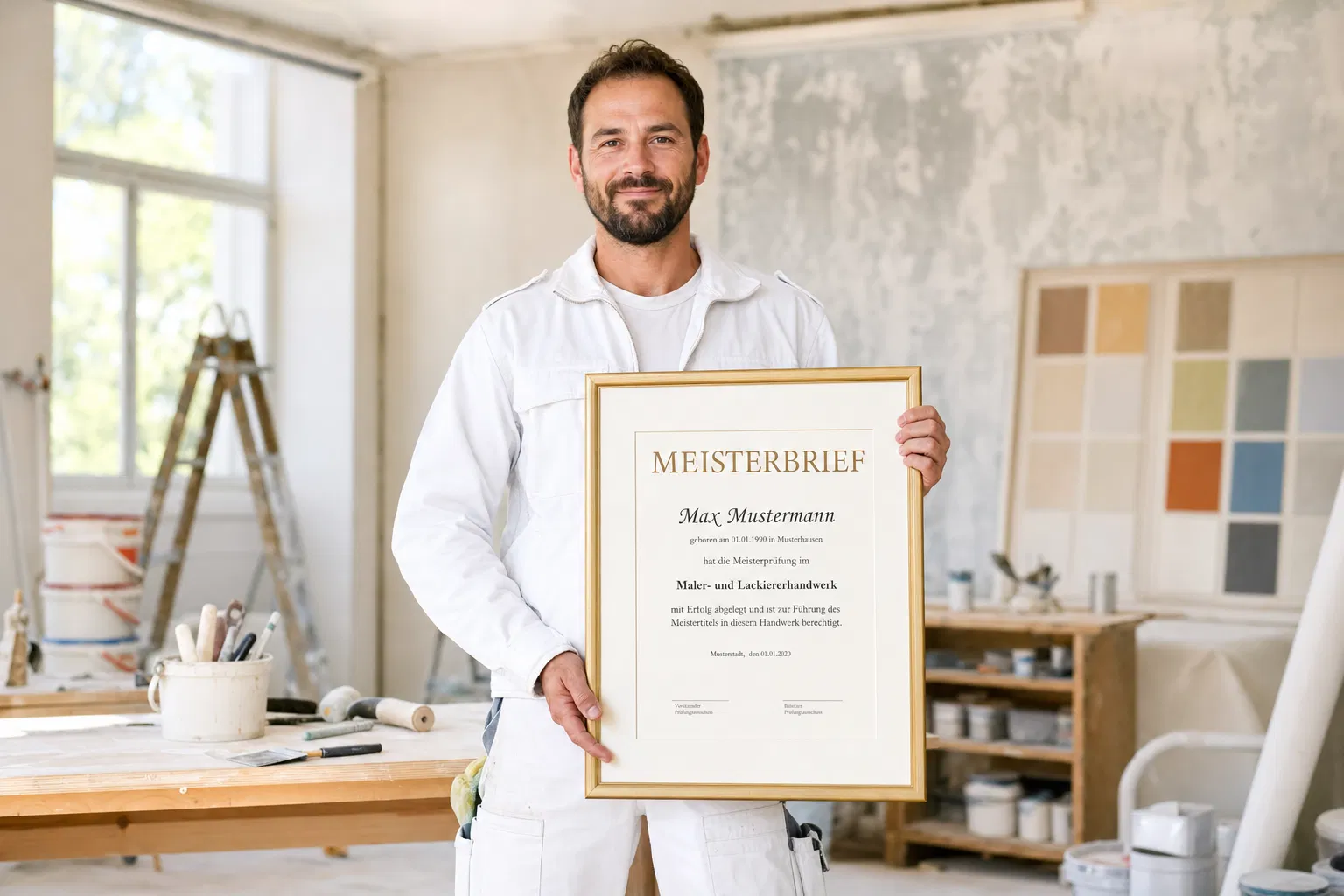 Malermeister in weißer Arbeitskleidung hält in seiner Werkstatt einen gerahmten Meisterbrief, hinter ihm Farbmuster an der Wand und eine Leiter