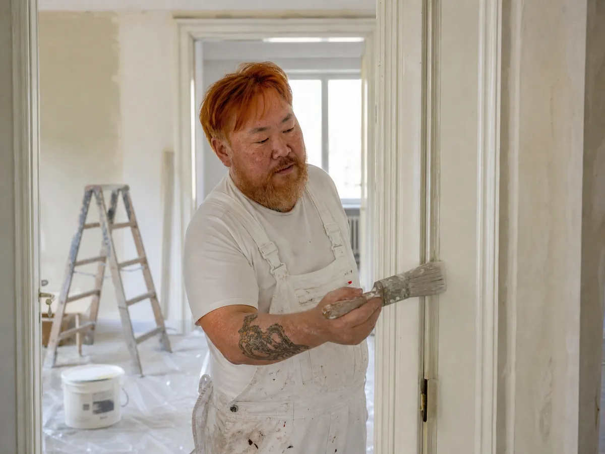 Malermeister des zu übernehmenden Betriebs streicht in einer Altbauwohnung eine Türzarge ab