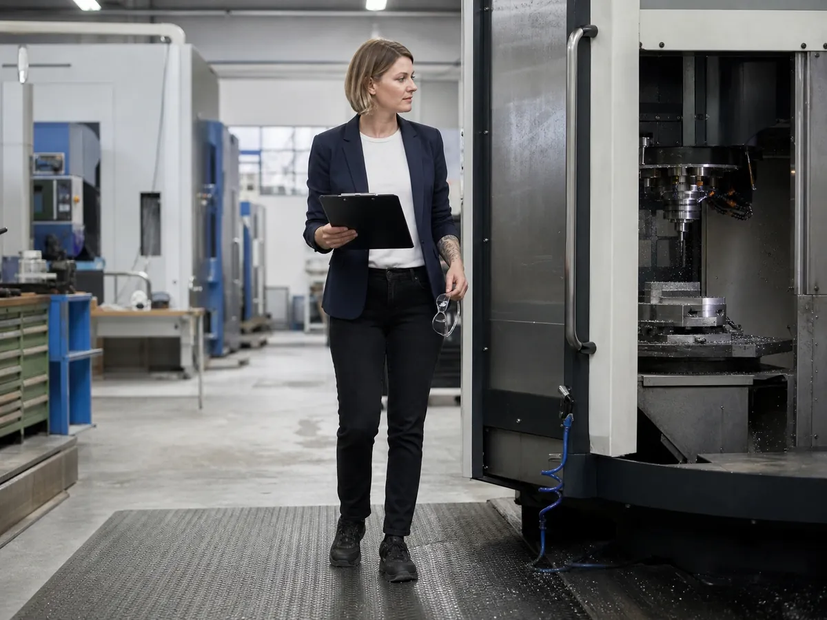 Käuferin begutachtet beim Management Buy-in die Maschinen in der Fertigungshalle des Zielbetriebs