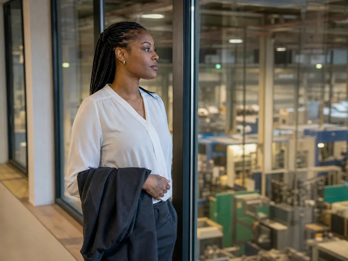 Abteilungsleiterin blickt über die Halle des Betriebs, den sie per Management Buy-out übernehmen will