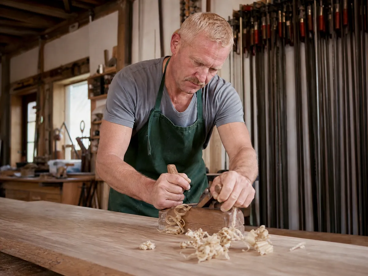 Gründer einer Holzmanufaktur hobelt in seiner Werkstatt eine Tischplatte aus Eiche