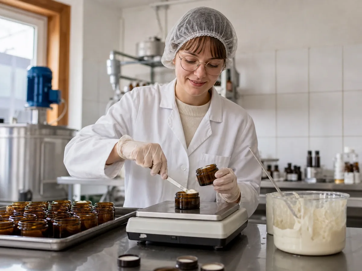 Gründerin füllt in ihrer Kosmetikmanufaktur unter Hygieneauflagen Creme in Glastiegel ab