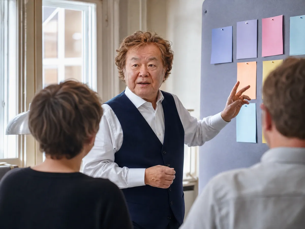 Gründer einer Marketing Agentur erläutert seinem Team an der Pinnwand die Positionierung