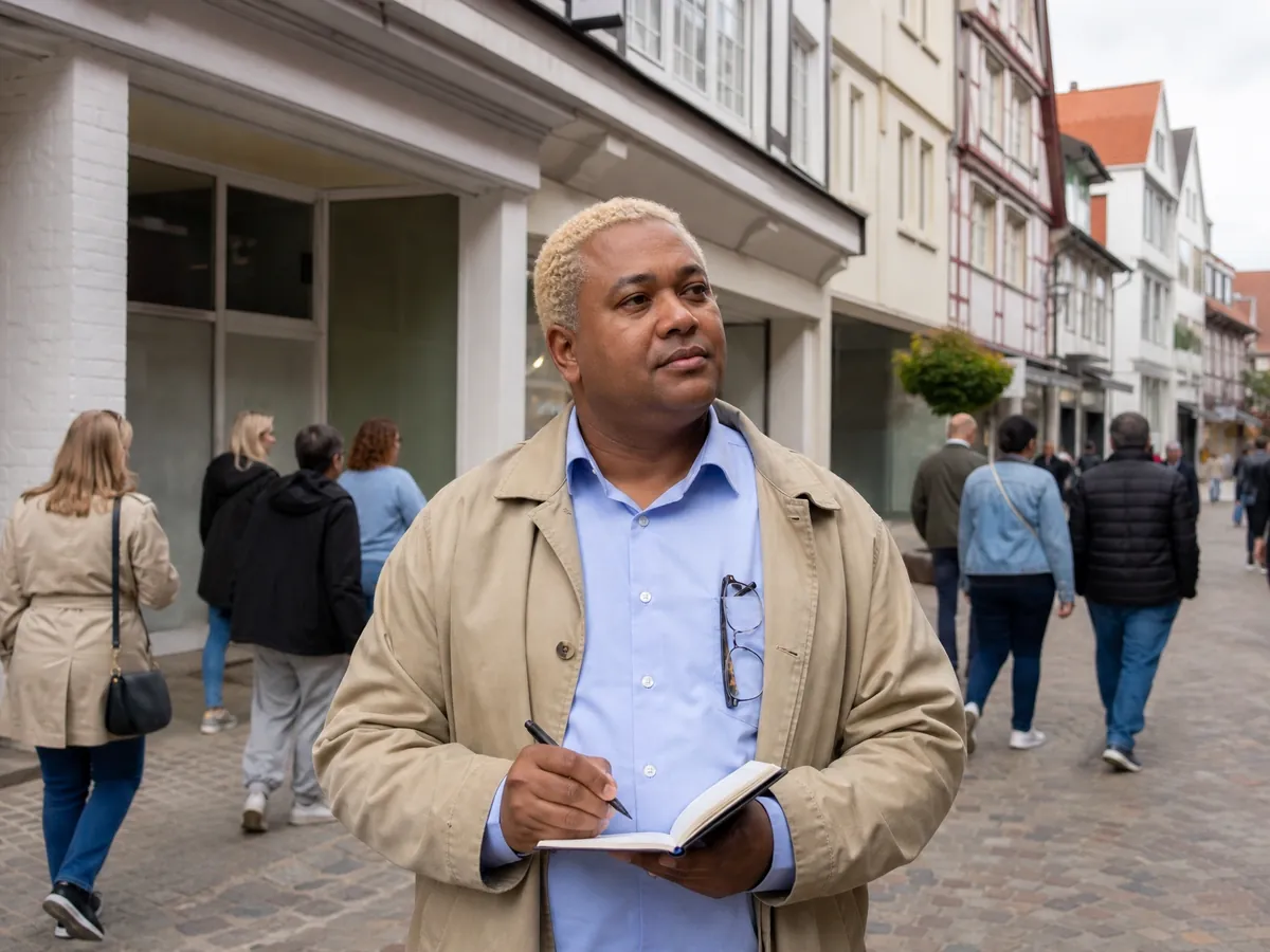 Gründer beobachtet für seine Marktanalyse die Passanten vor einem leeren Ladenlokal in der Innenstadt