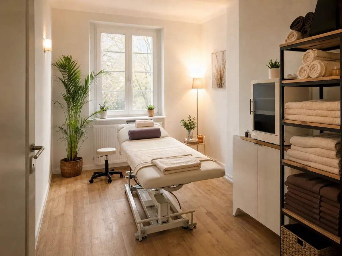 Neu eingerichteter Behandlungsraum einer Massagepraxis mit elektrischer Liege und Handtuchregal