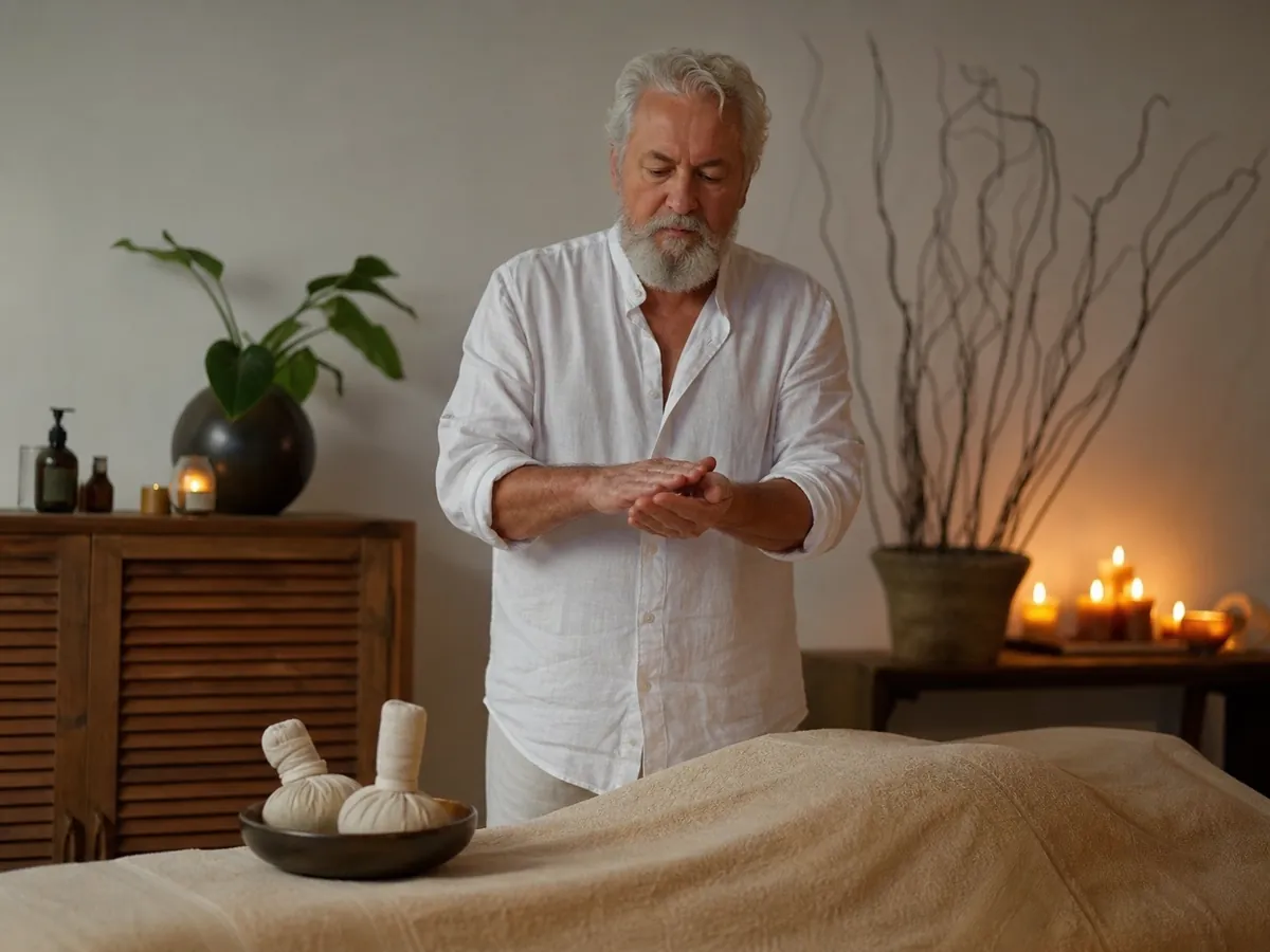 Wellnessmasseur wärmt in seinem Studio Massageöl in den Händen neben einer vorbereiteten Liege
