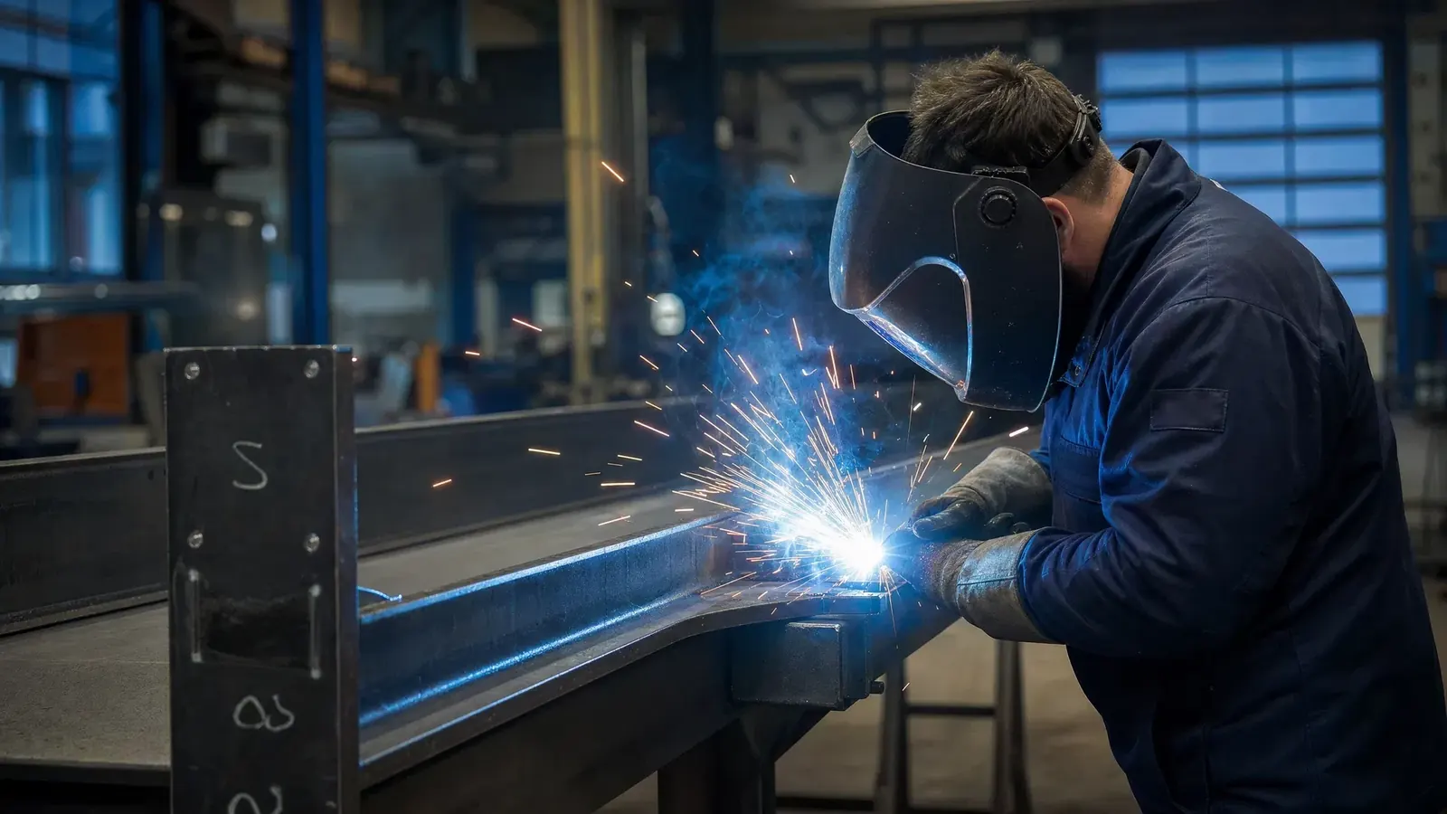 Metallbauer mit Schweißhelm schweißt in einer Werkstatthalle einen Stahlträger