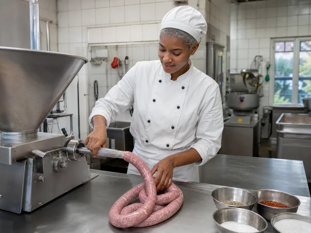 Fleischermeisterin füllt in der Wurstküche der übernommenen Metzgerei frische Bratwürste ab