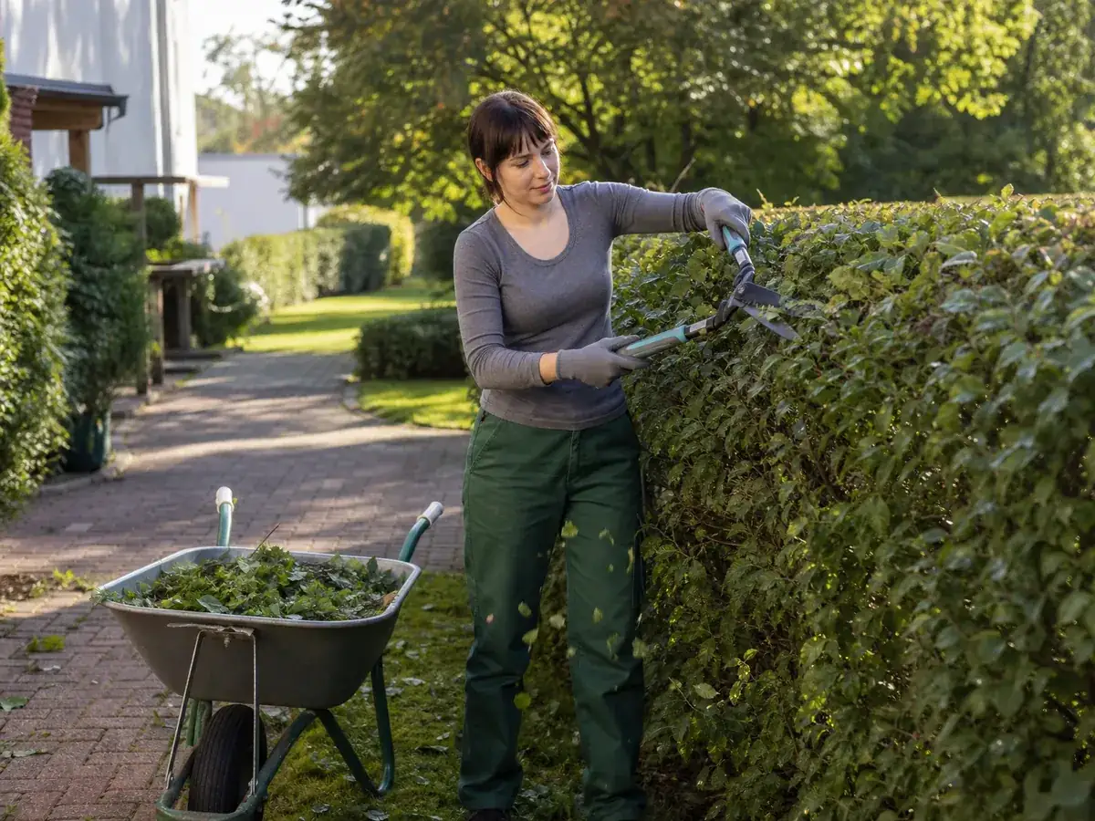 Minijobberin schneidet im Garten eines Privathaushalts die Hecke, ein typischer Haushaltsscheck-Job