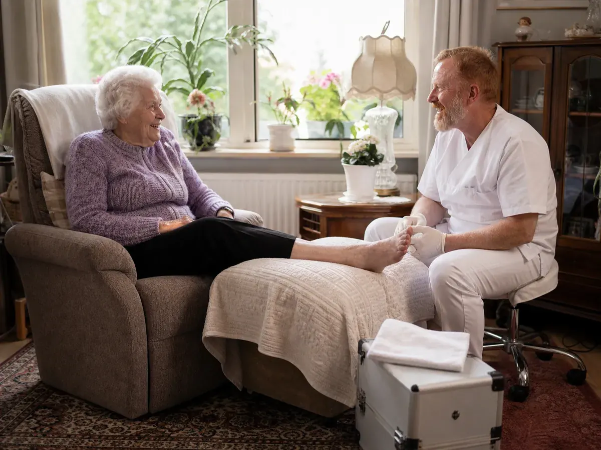 Mobiler Fußpfleger besucht eine Seniorin zu Hause und bereitet die Behandlung im Wohnzimmer vor