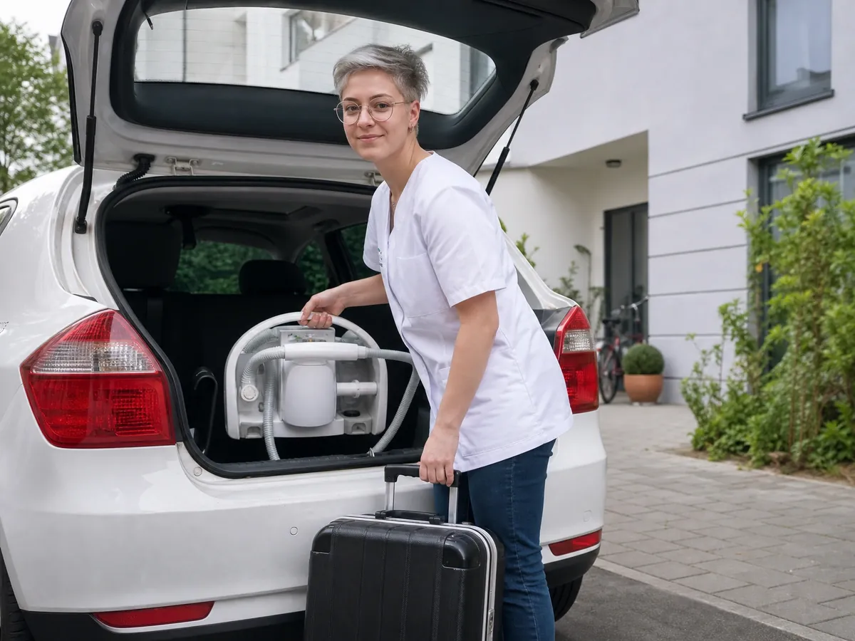 Fußpflegerin lädt ihr mobiles Fußpflegegerät und den Instrumentenkoffer aus dem Auto