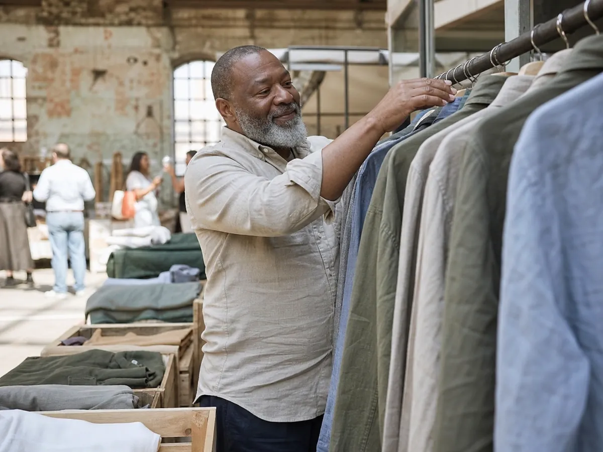 Gründer eines Modelabels richtet seinen Pop-up-Stand mit der eigenen Kollektion in einer Markthalle ein