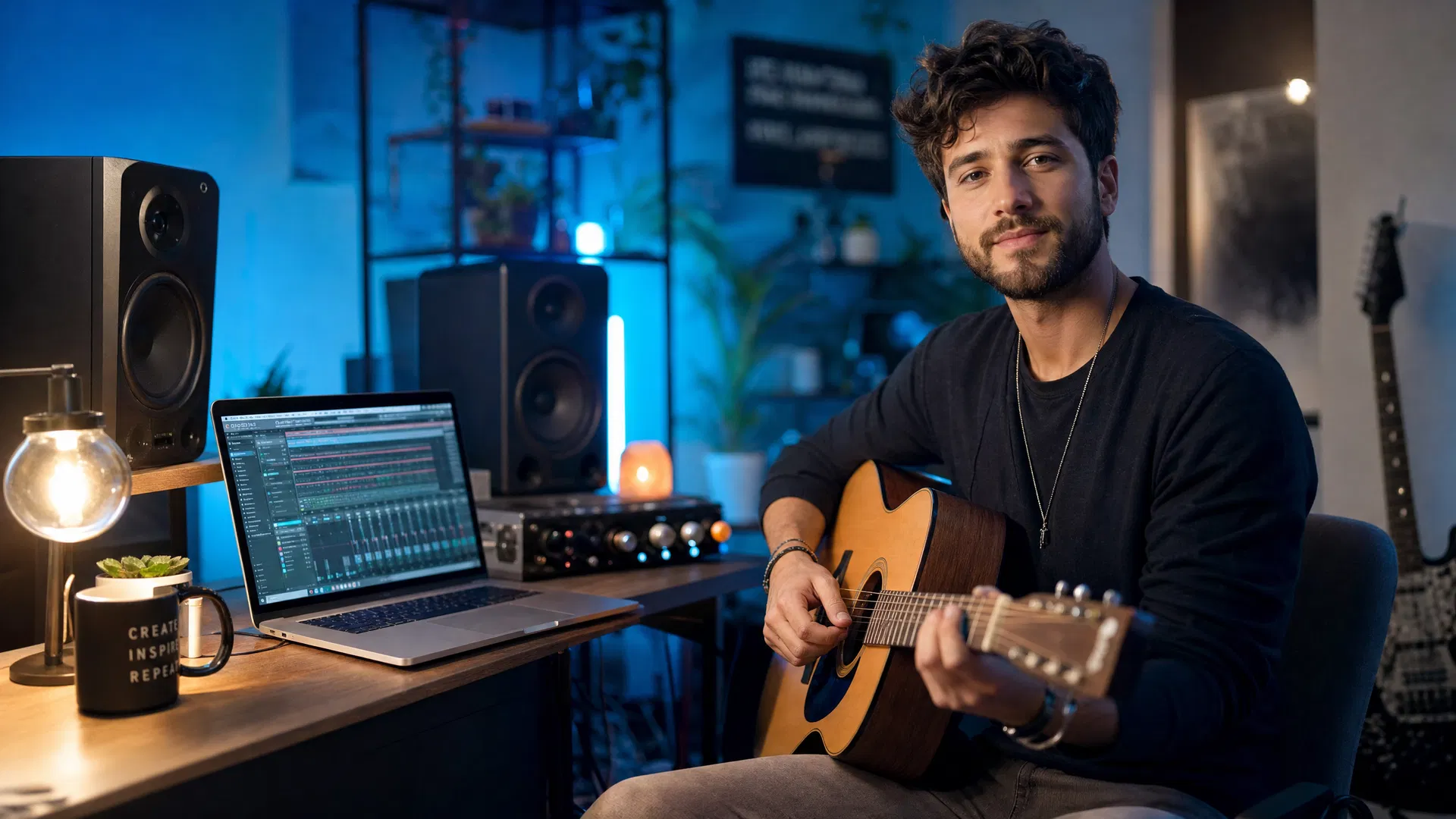 Mann mit Gitarre im Home-Studio, daneben Laptop mit Musiksoftware und zwei Lautsprecher