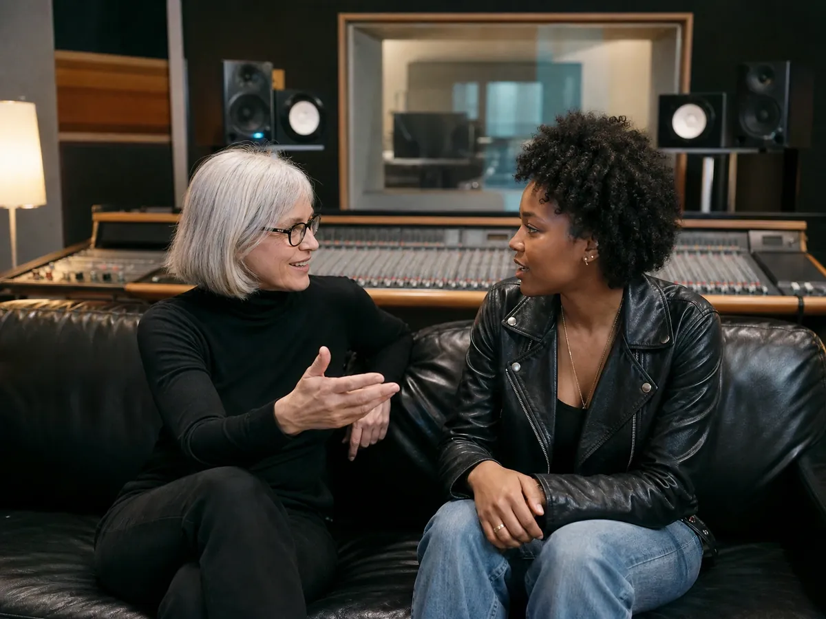 Labelchefin bespricht im Tonstudio mit einer jungen Sängerin die Zusammenarbeit